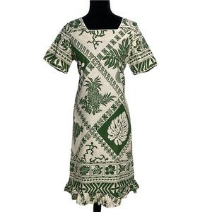 Winnie Fashion S Dress Midi Pineapple Hibiscus Tropical Cream Olive Green Ruffle